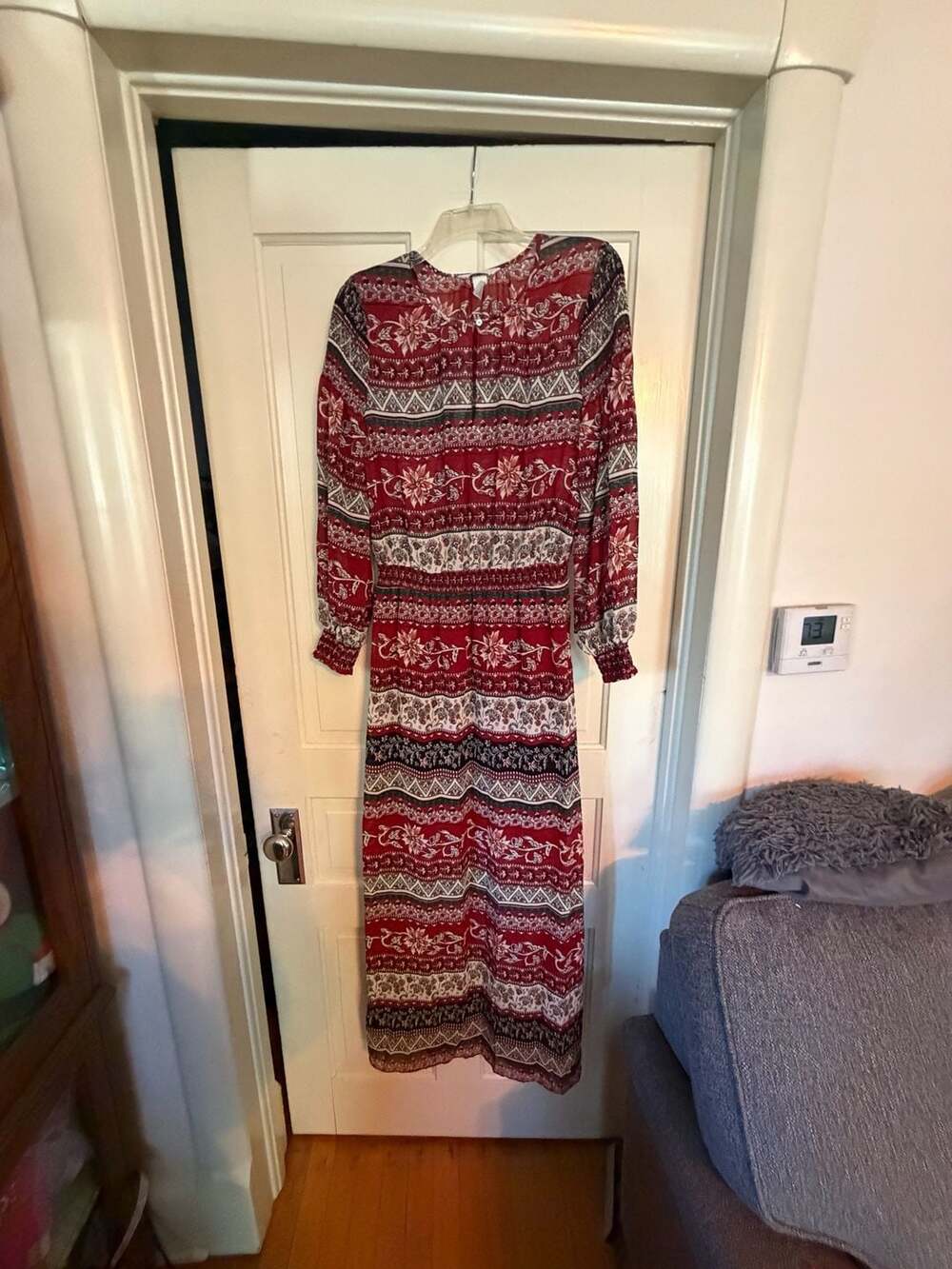 H&M Conscious Long Sleeve Maxi Dress Size 8 Red Folk Floral Boho Chiffon